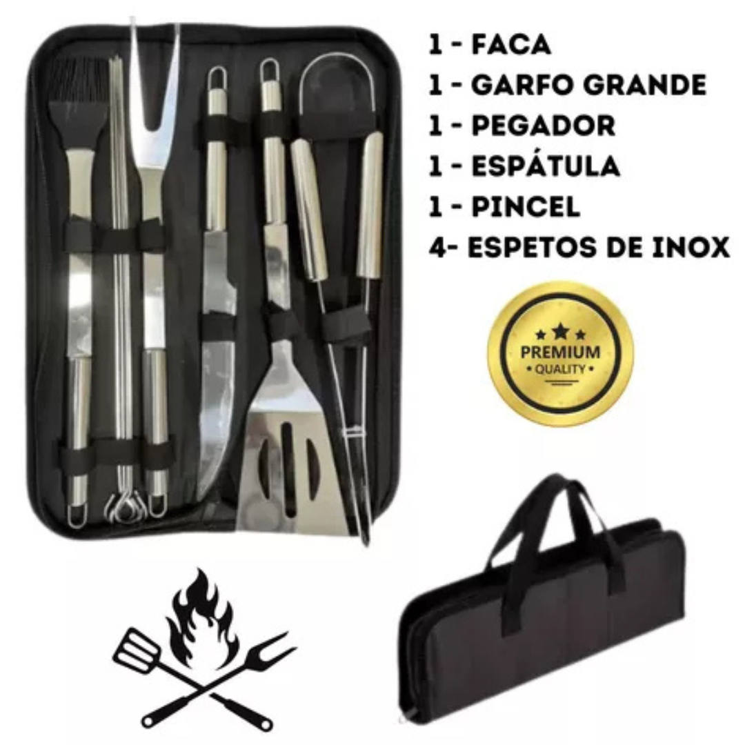 Kit Churrasco profissional 9 Peças Inox C/ maleta
