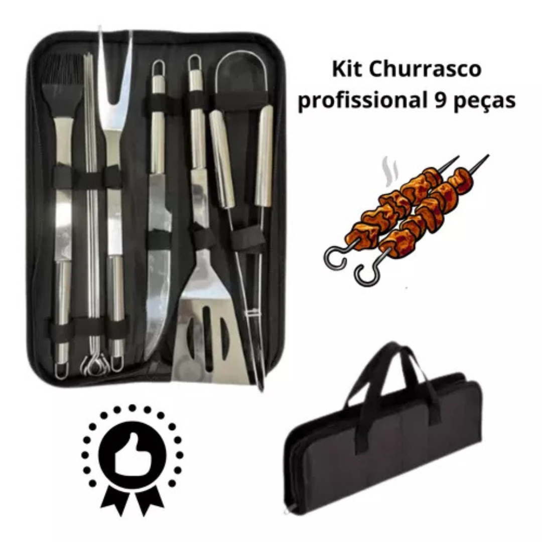 Kit Churrasco profissional 9 Peças Inox C/ maleta