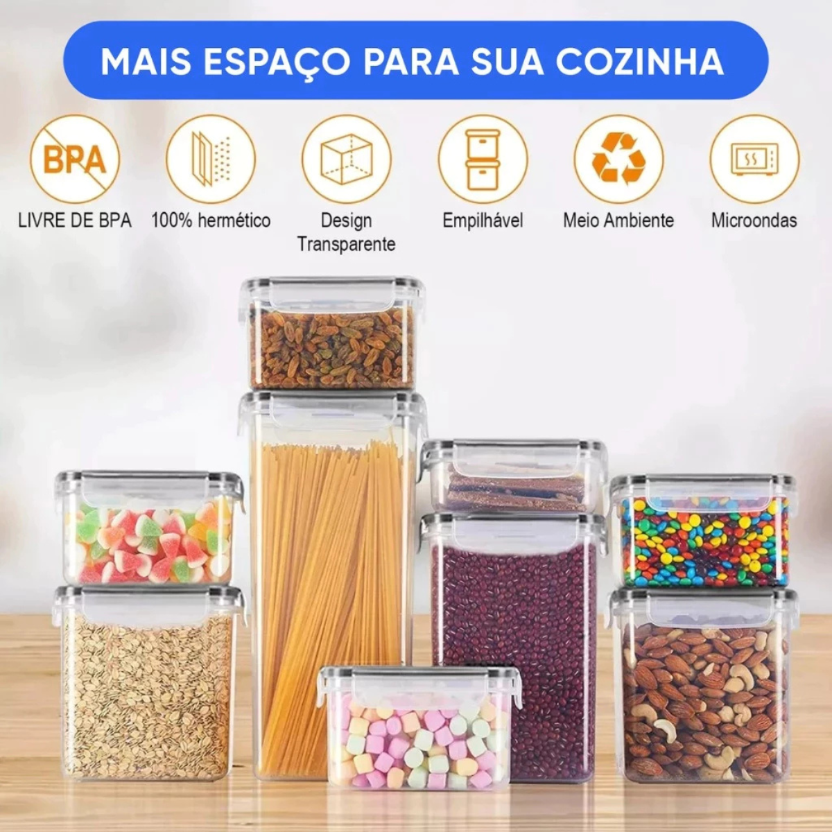 Conjunto de 8 Potes Herméticos em Acrílico Cristal com Trava BM-F1199